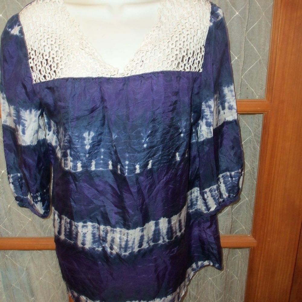 Women's 100% Silk Top Blue White Tye Dye